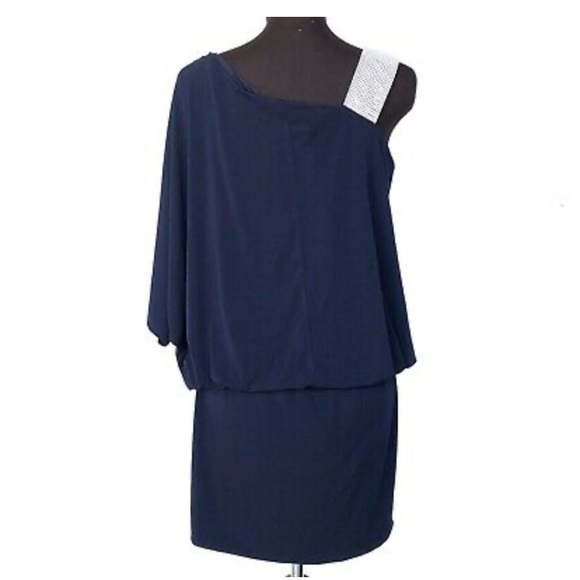 Jackie Jon Navy Stretch One Shoulder Dress Sz 16 - Picture 2 of 4